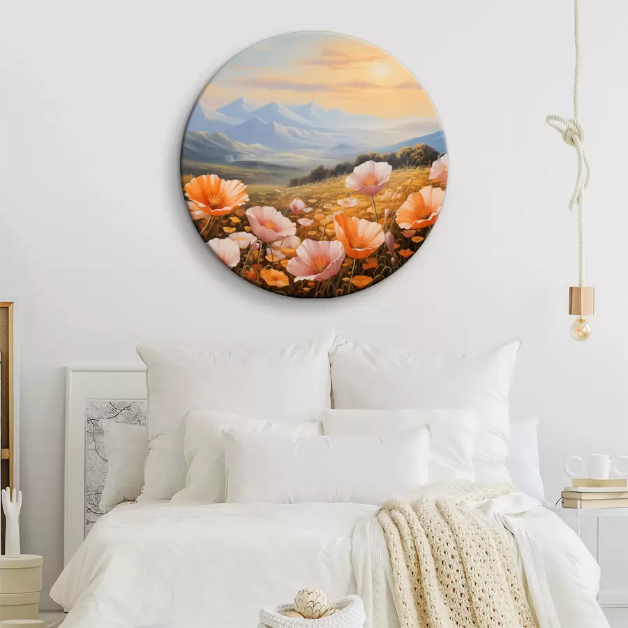 Glezna Magoņu lauks rītausmā ar kalniem fonā r40730