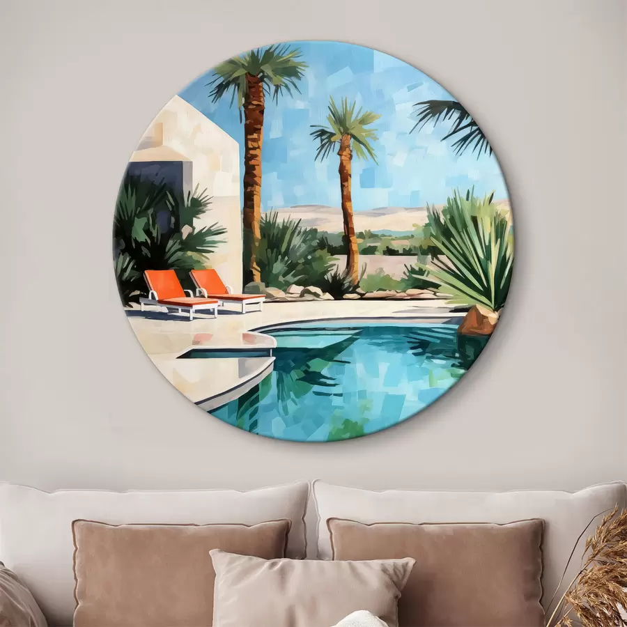 Glezna Palmas pie viesnīcas ar baseinu pie klintīm, zilā, zaļā, sarkanā krāsā r40748