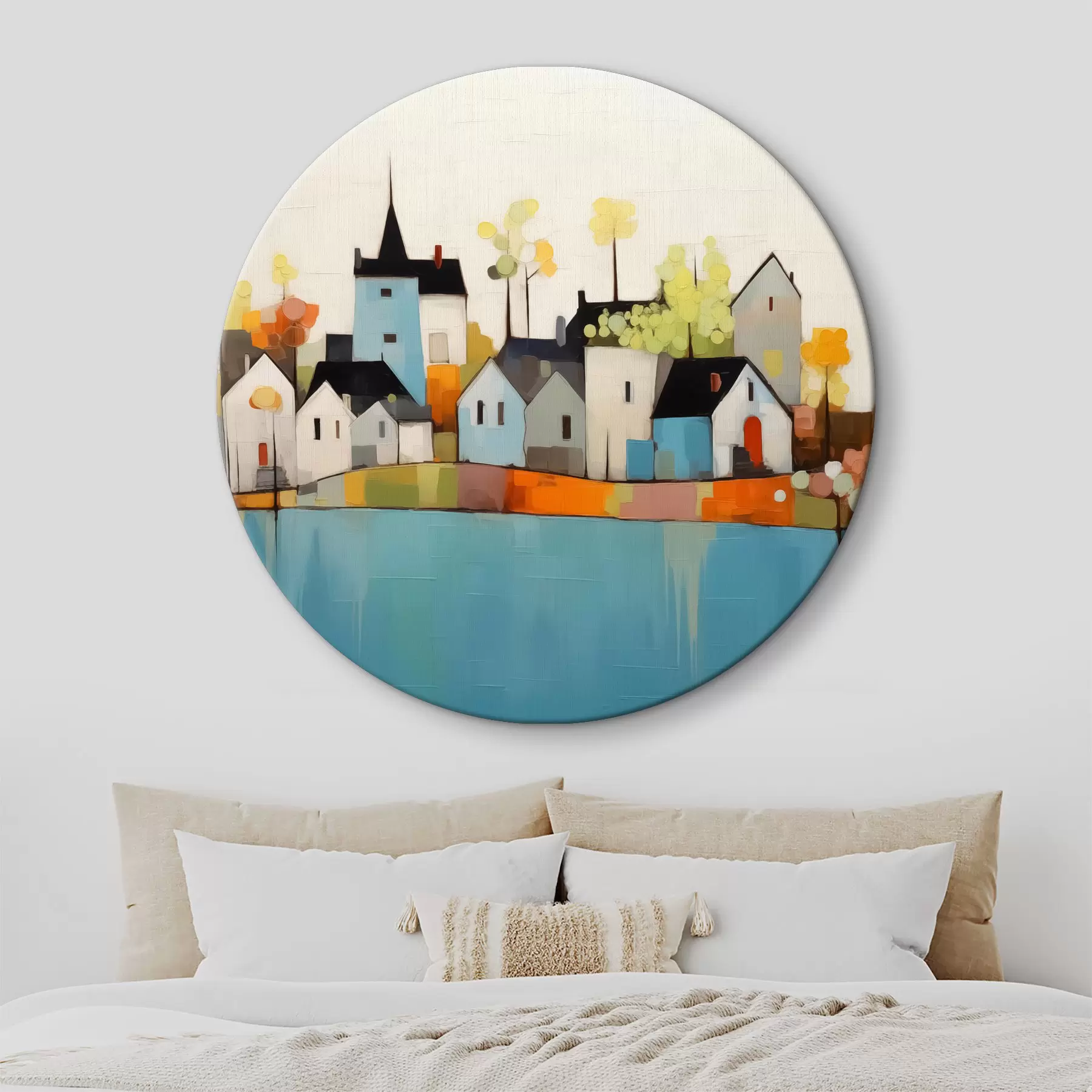 Glezna Abstrakta pilsēta un mājas, zilā, dzeltenā, sarkanā krāsās r40751