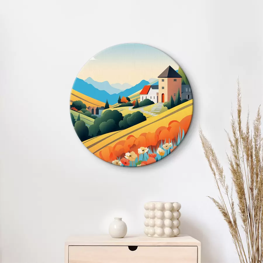 Glezna Spilgta lauku ainava ar lauku, magonēm un mājām r40756