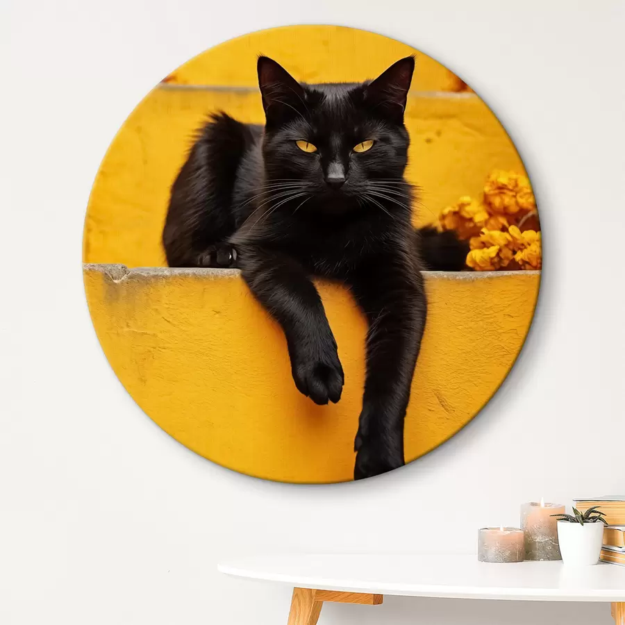 Fototapetes Uz dzeltenām kāpnēm guļ melns kaķis r40798