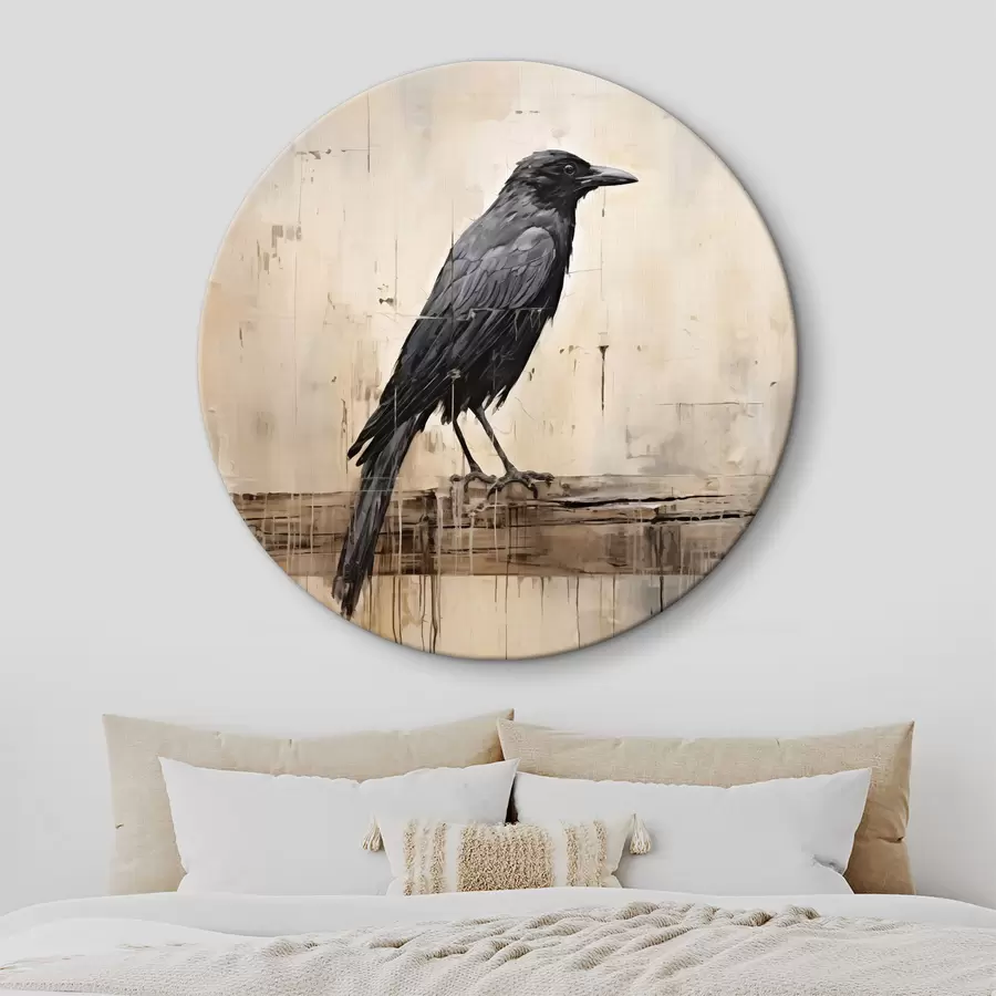 Glezna Melns krauklis sēž uz baļķa uz abstrakta fona r40808