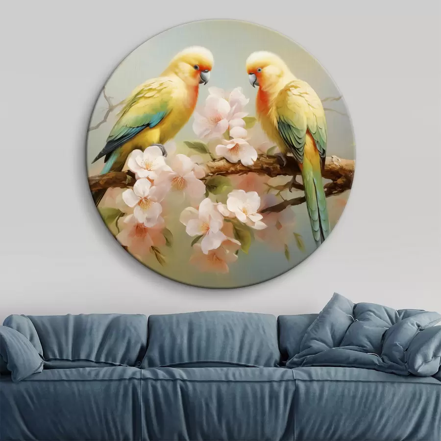 Glezna Papagaiļi sēž uz ziedoša zara akvarelis r40892