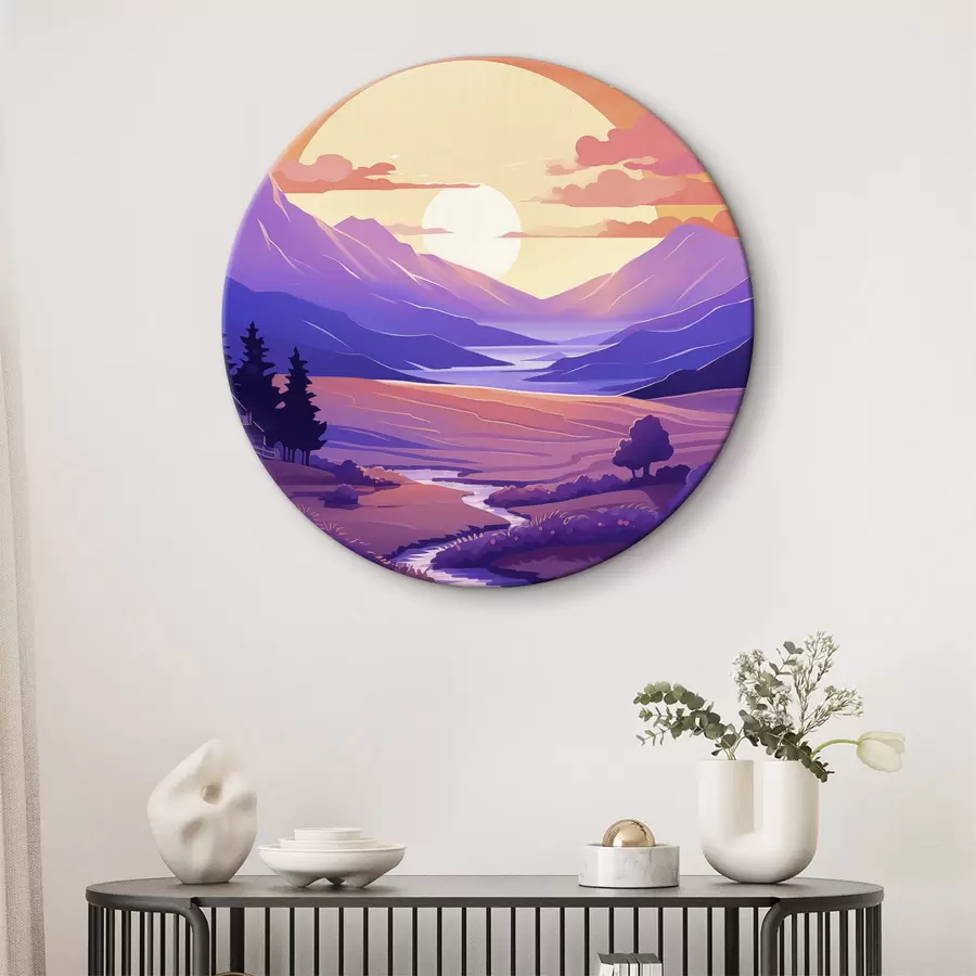 Glezna Violets saulriets kalnos, upe, koki, maza māja r40949