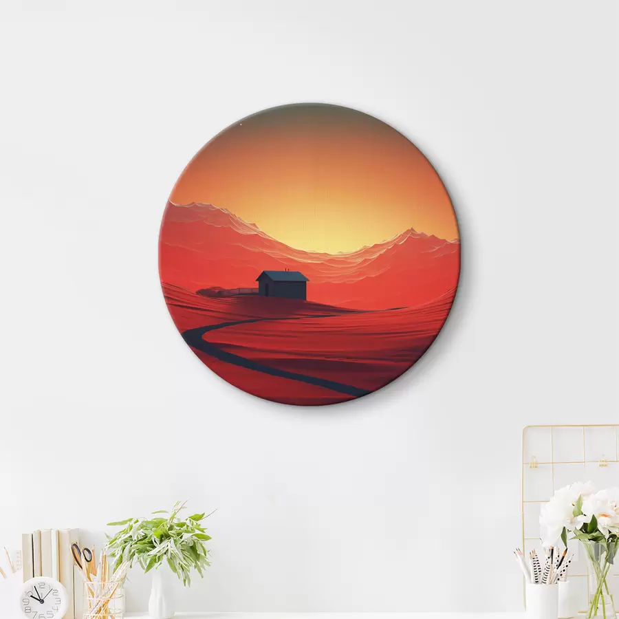 Glezna Nakts tuksnesī, mēness, sarkanās smiltis, futūrisms, maza māja r40950