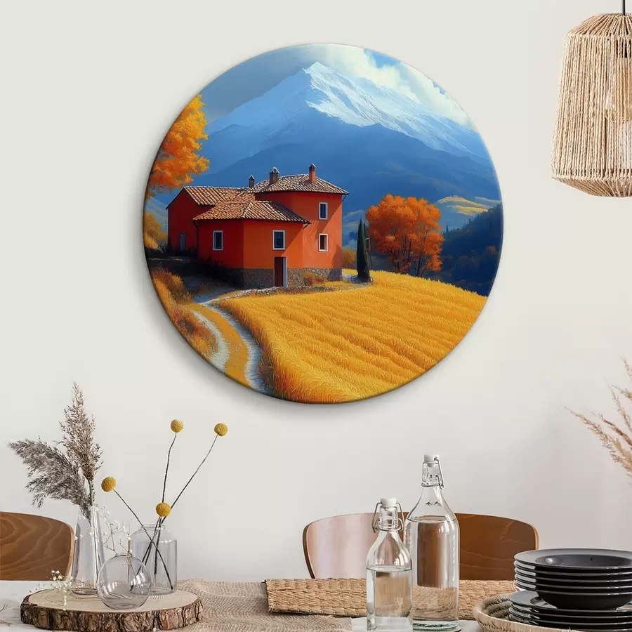 Glezna Mājiņa uz lauka ar rudens kalniem fonā r40962