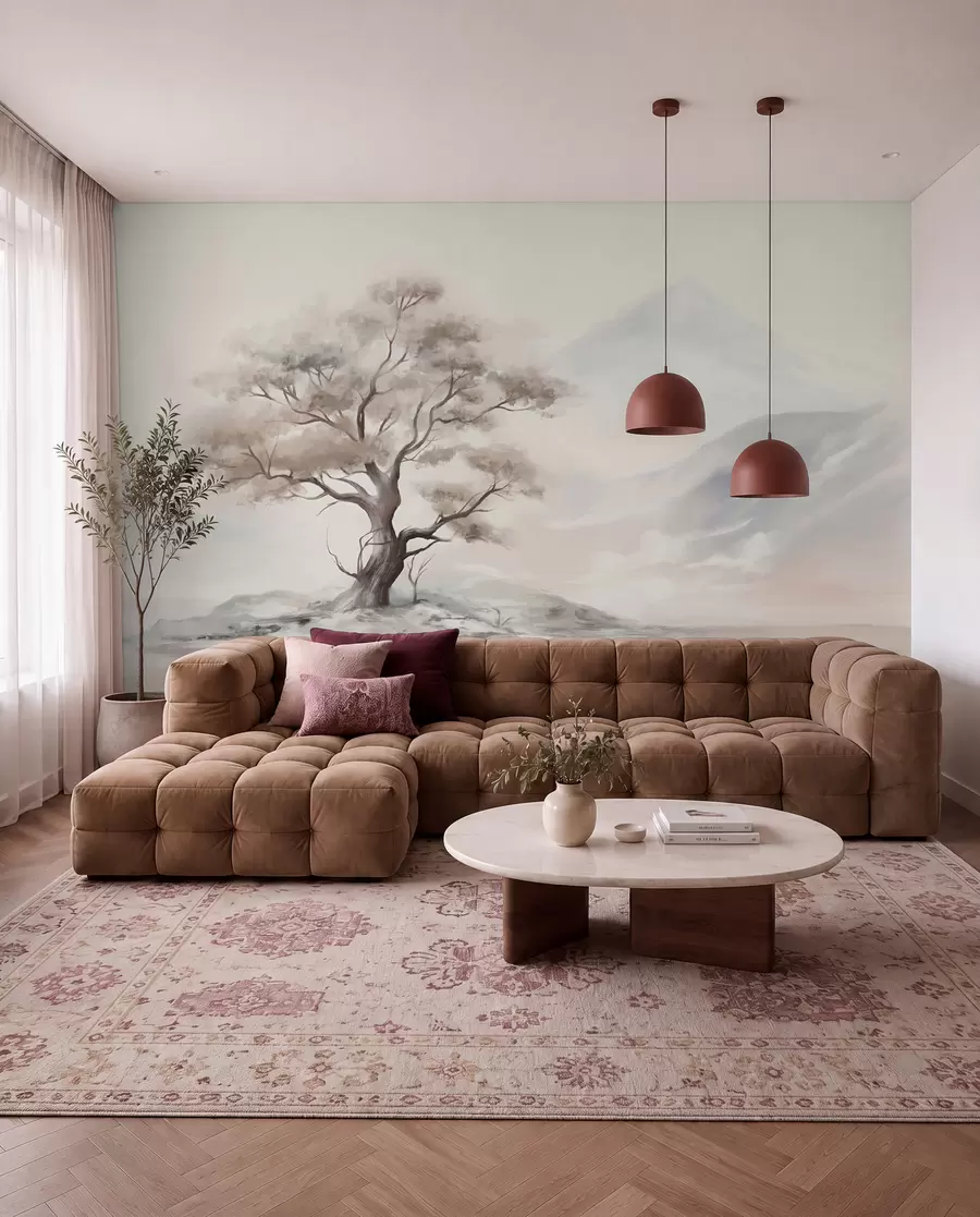 Fototapetes Minimālistisks zīmējums, kurā attēlots vientuļš, savīts koks pamestā, klinšainā ainavā ar kalniem fonā  w08604