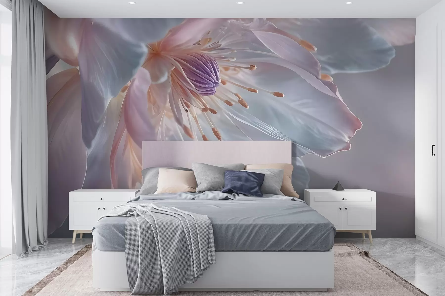 Fototapetes Tuvplānā redzams maigs, pasteļkrāsas zieds ar maigām, caurspīdīgām ziedlapiņām un spilgtu centru w08605