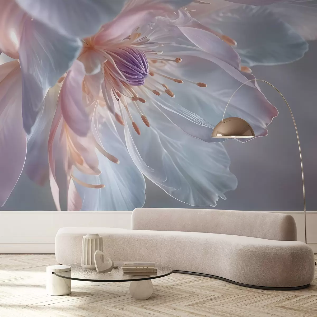 Fototapetes Tuvplānā redzams maigs, pasteļkrāsas zieds ar maigām, caurspīdīgām ziedlapiņām un spilgtu centru w08605