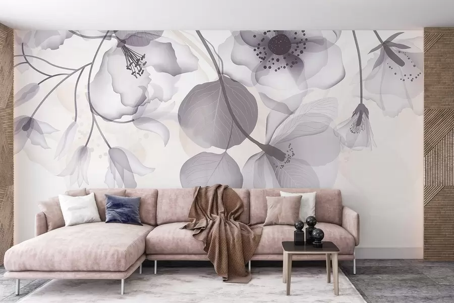 Fototapetes Smalki pelēki un bēši caurspīdīgi ziedi ar mīkstām ziedlapiņām un tumšiem centriem uz gaiša fona w08613v2