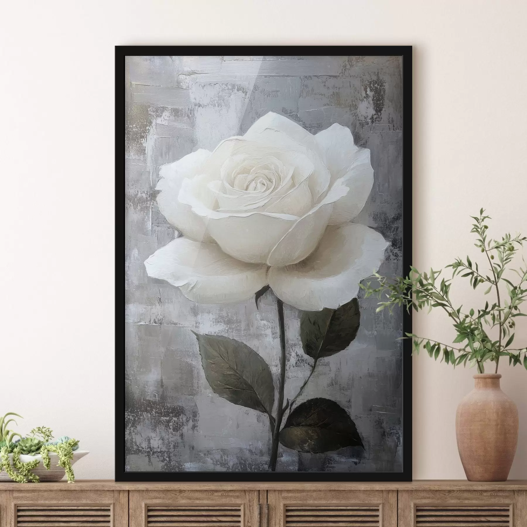 Fototapetes Balta roze, ar roku zīmēta uz betona fona f42185