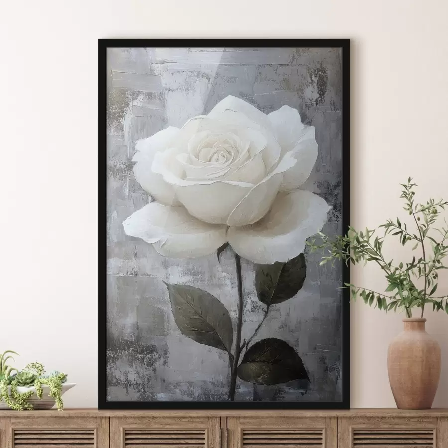 Fototapetes Balta roze, ar roku zīmēta uz betona fona f42185