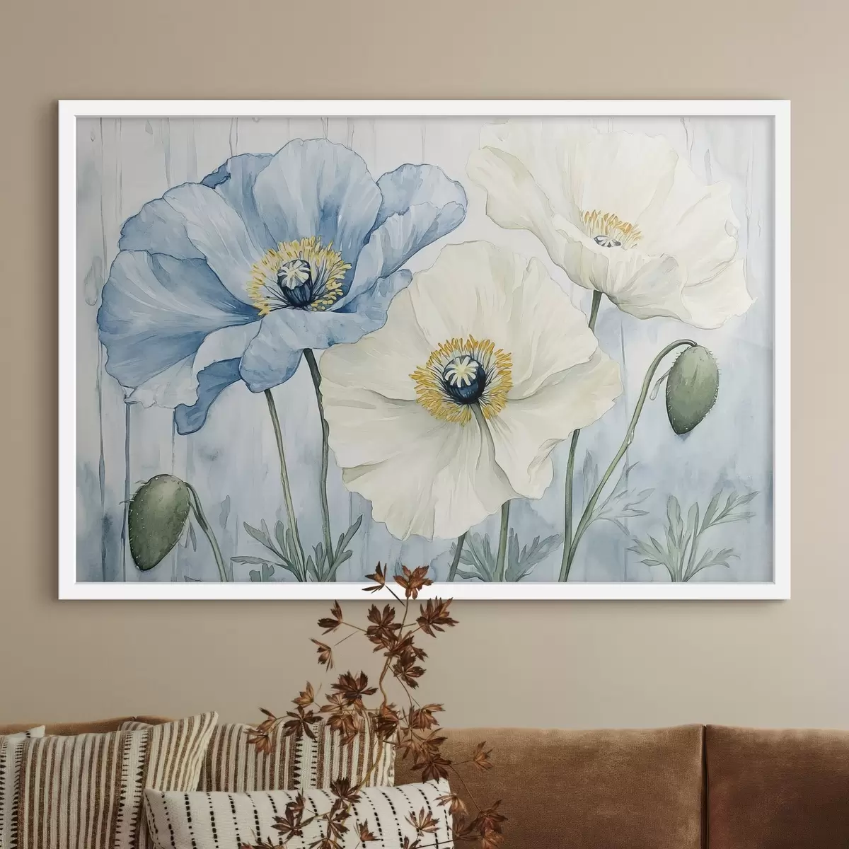 Plakāts Zilas un baltas magones uz akvareļa fona f42191