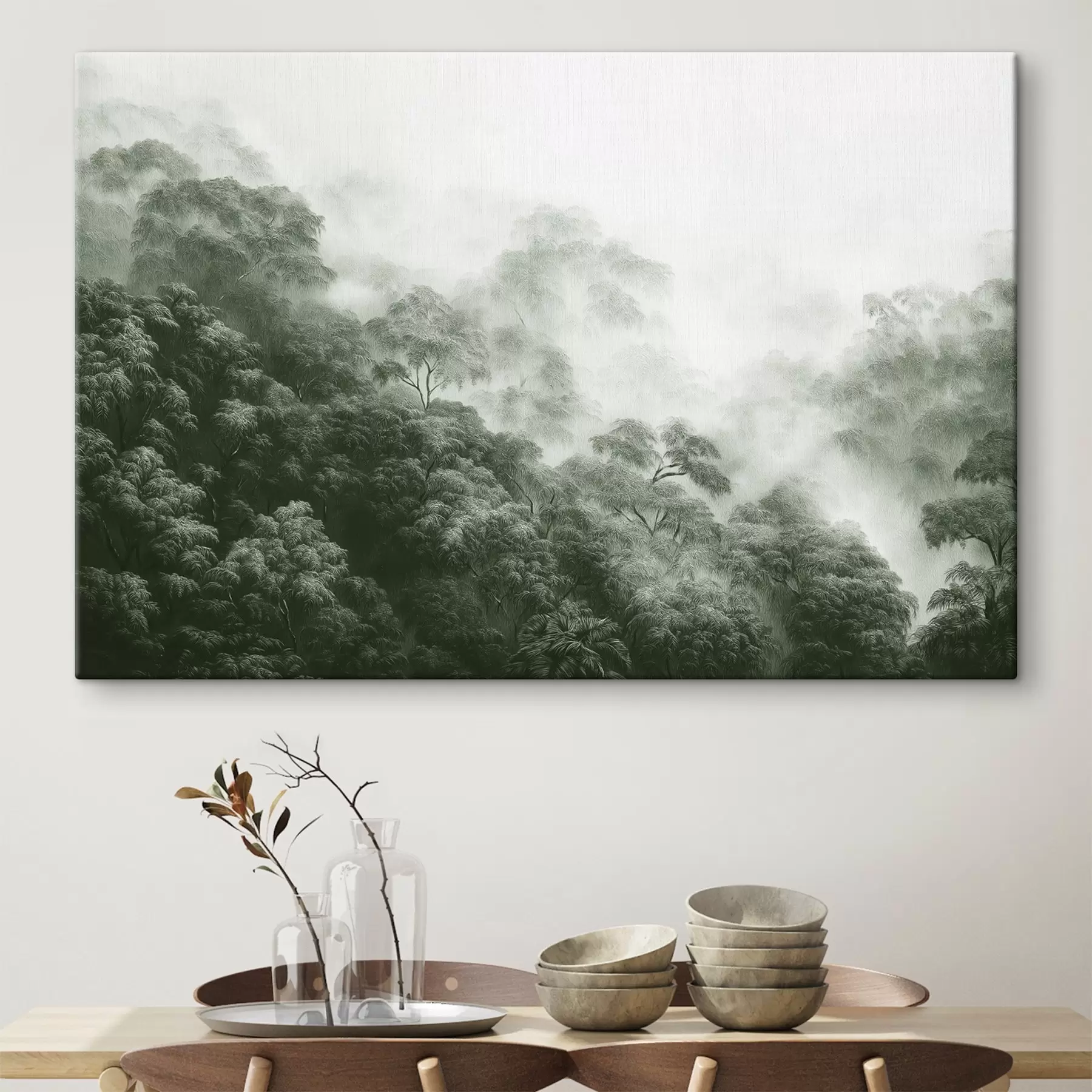 Fototapetes Tropu mežs miglā, palmas, zaļas krāsas s42371