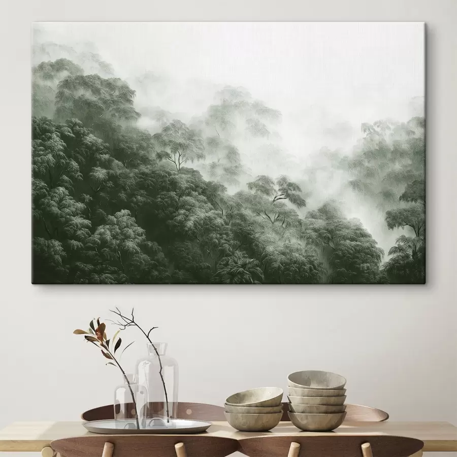 Glezna Tropu mežs miglā, palmas, zaļas krāsas s42371
