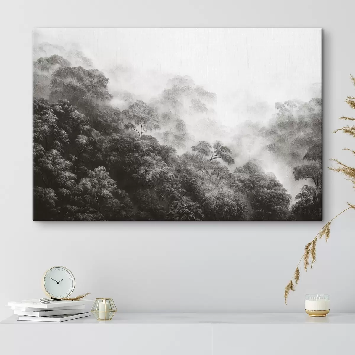 Glezna Tropu mežs miglā, palmas, pelēkas krāsas s42371v1