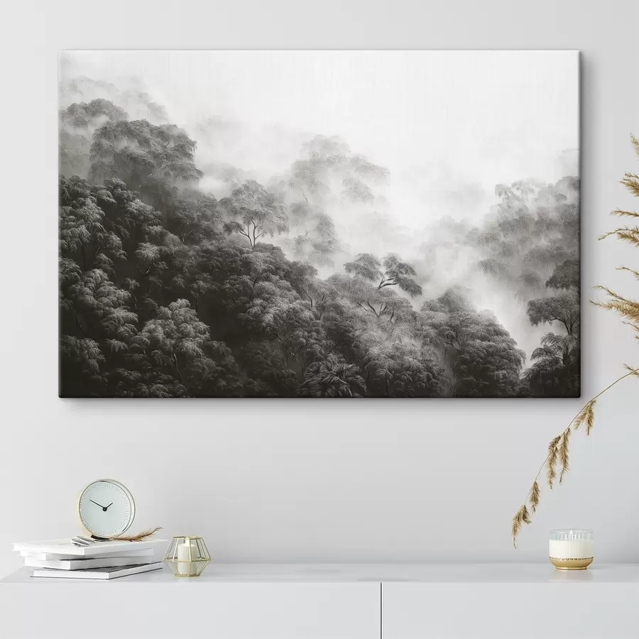Glezna Tropu mežs miglā, palmas, pelēkas krāsas s42371v1