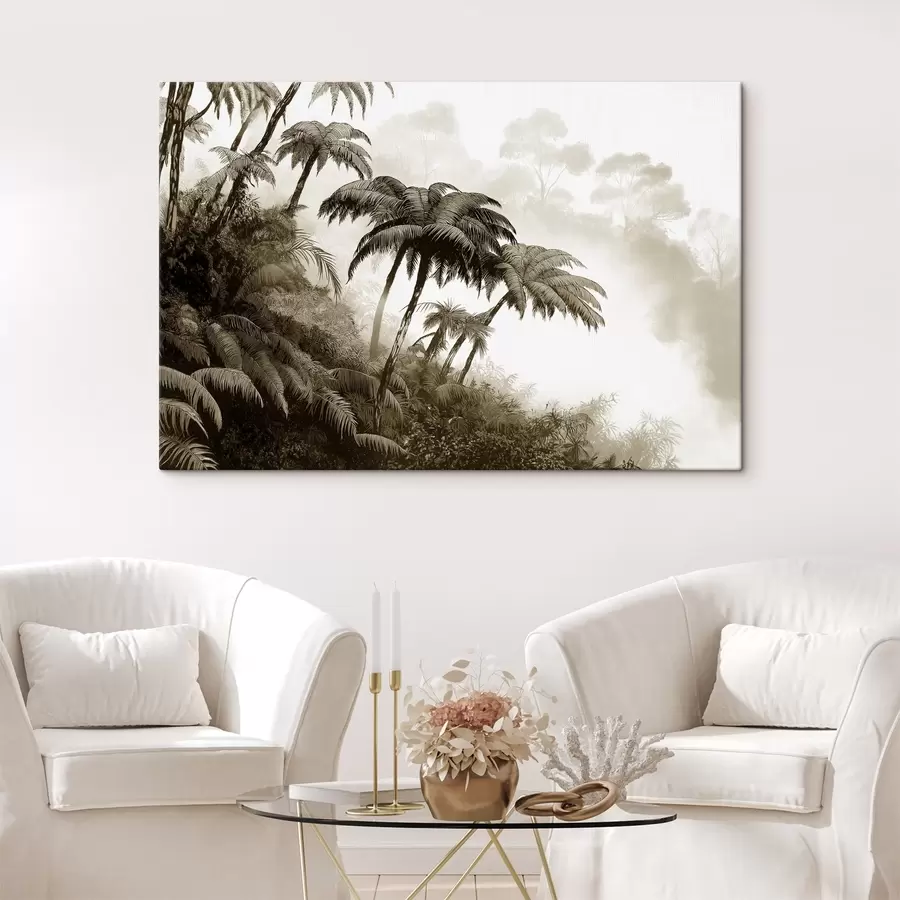 Glezna Džungļu mežs miglā, palmas, daba, bēšas krāsas s42372