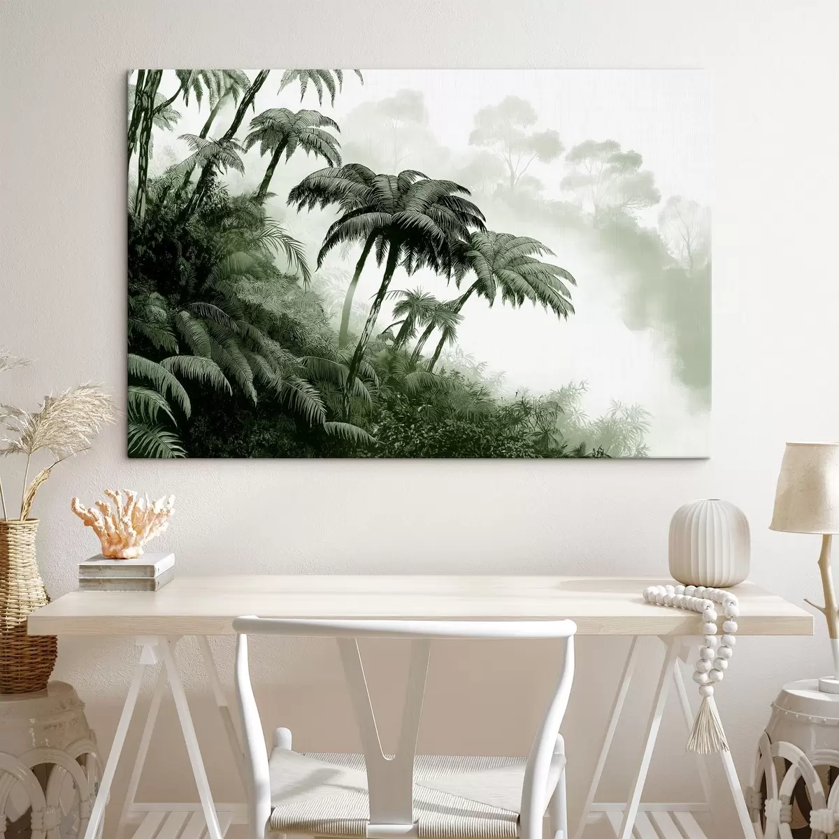 Glezna Džungļu mežs miglā, palmas, daba, zaļas krāsas s42372v1