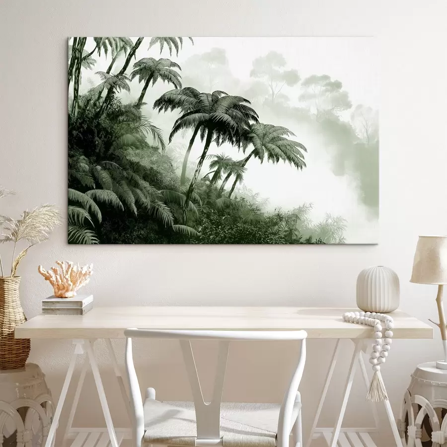 Glezna Džungļu mežs miglā, palmas, daba, zaļas krāsas s42372v1