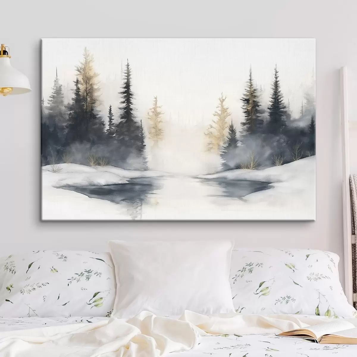 Glezna Ziemas ainava ar upi un priedēm, daba, mežs, migla s42374