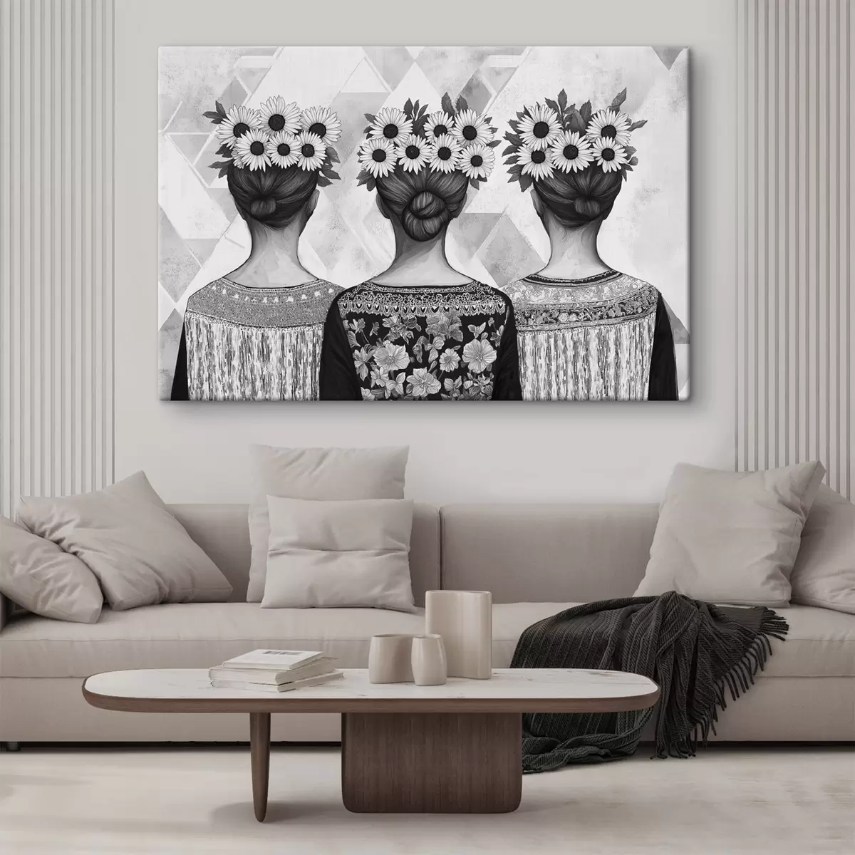 Glezna Trīs sievietes etniskos tērpos, zīmējums ar zīmuli, saulespuķes s42377