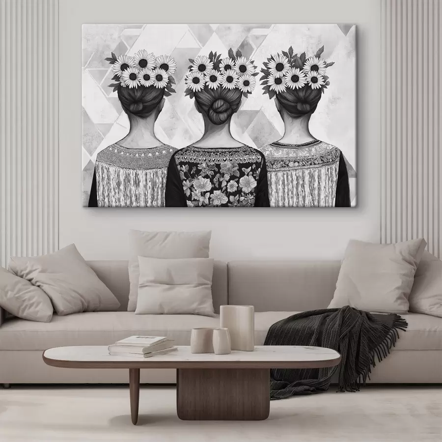 Glezna Trīs sievietes etniskos tērpos, zīmējums ar zīmuli, saulespuķes s42377