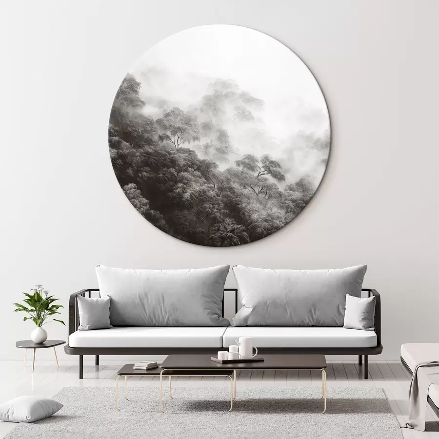 Glezna Tropu mežs miglā, palmas, pelēkas krāsas r42371v1