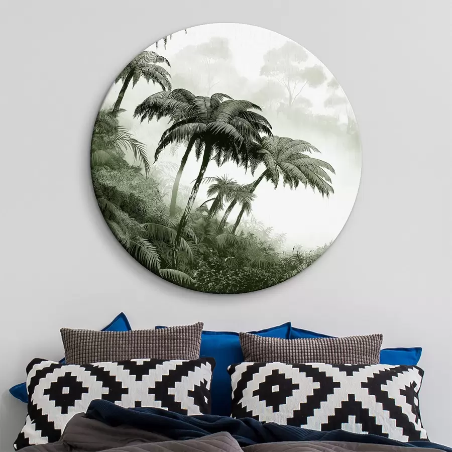 Glezna Džungļu mežs miglā, palmas, daba, zaļas krāsas r42372v1