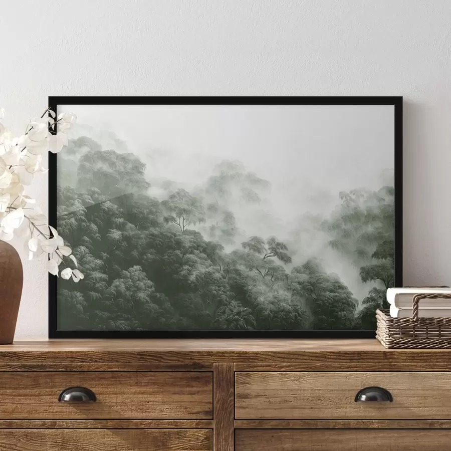 Fototapetes Tropu mežs miglā, palmas, zaļas krāsas f42371