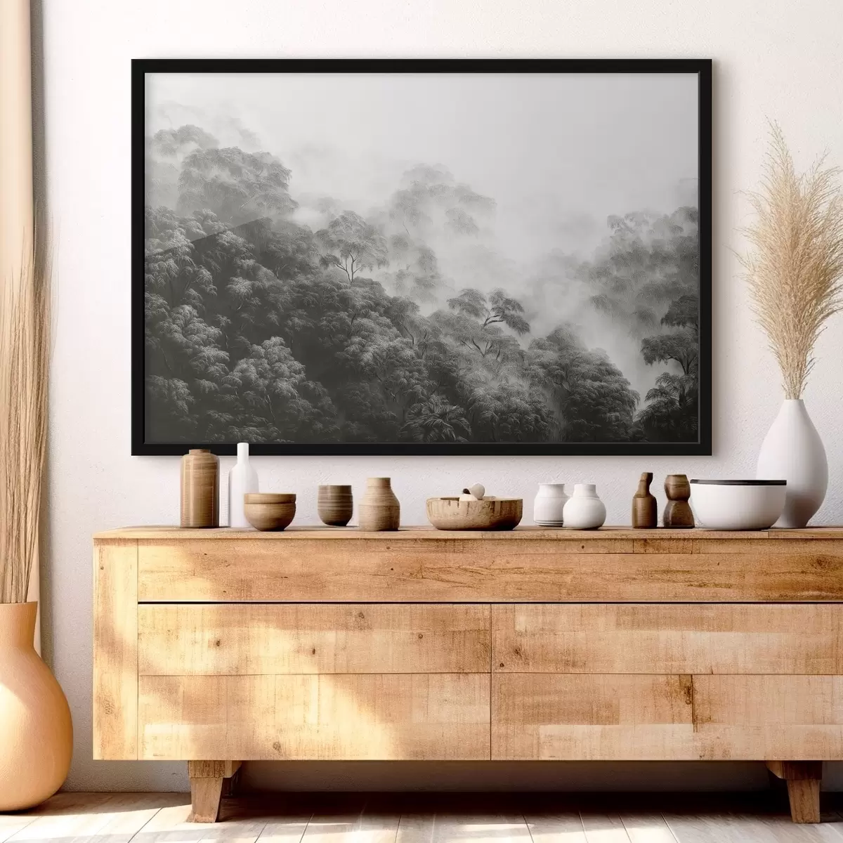 Plakāts Tropu mežs miglā, palmas, pelēkas krāsas f42371v1