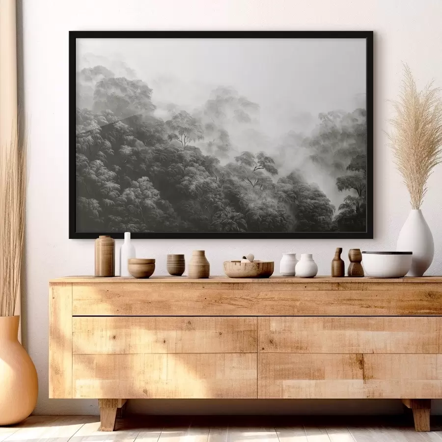 Fototapetes Tropu mežs miglā, palmas, pelēkas krāsas f42371v1