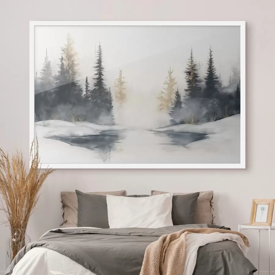 Fototapetes Ziemas ainava ar upi un priedēm, daba, mežs, migla f42374