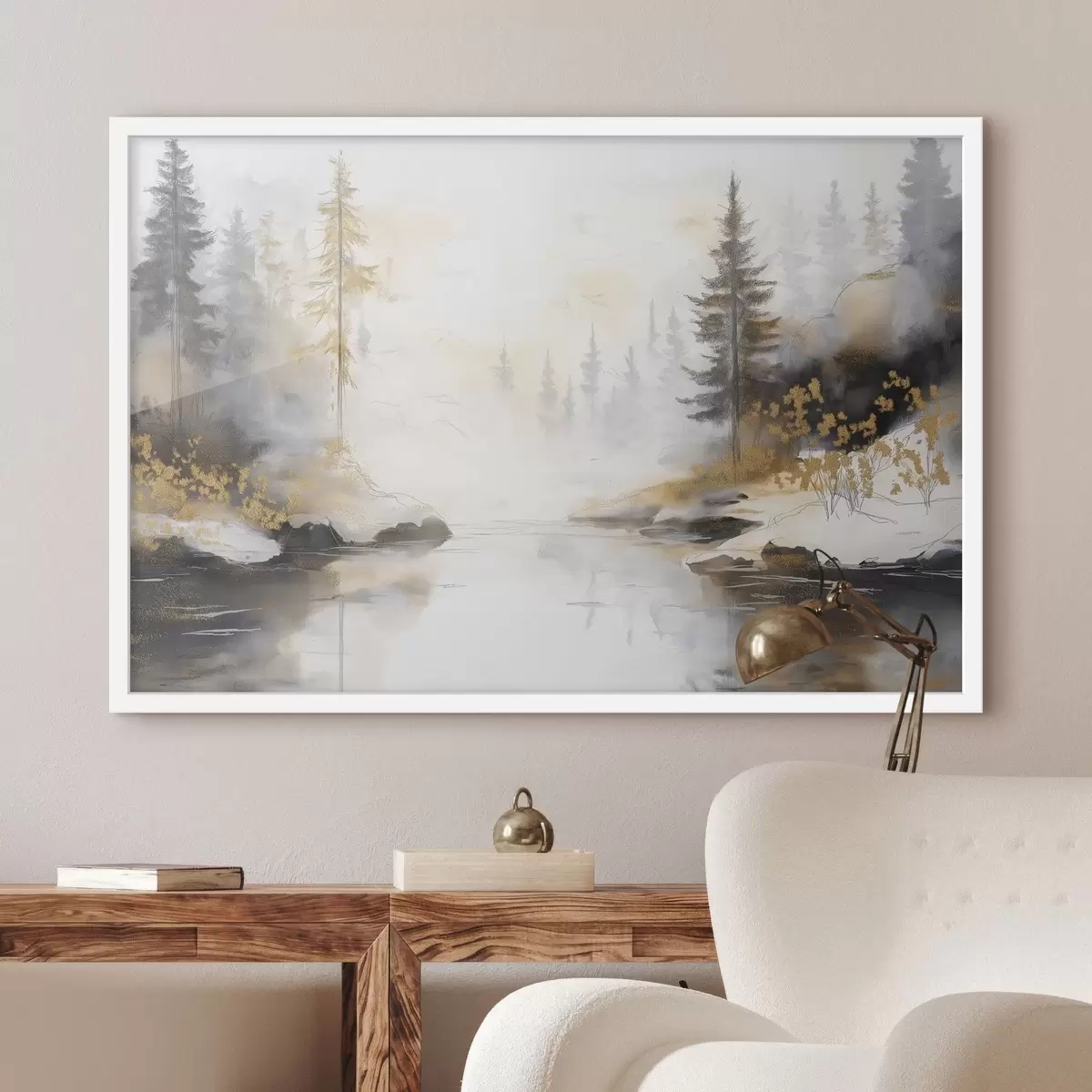 Plakāts Dabas ainava ar upi, mežu un priedēm, maigas pasteļkrāsas f42375