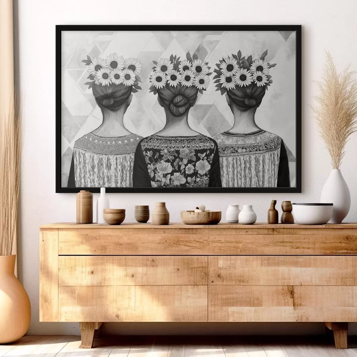 Plakāts Trīs sievietes etniskos tērpos, zīmējums ar zīmuli, saulespuķes f42377