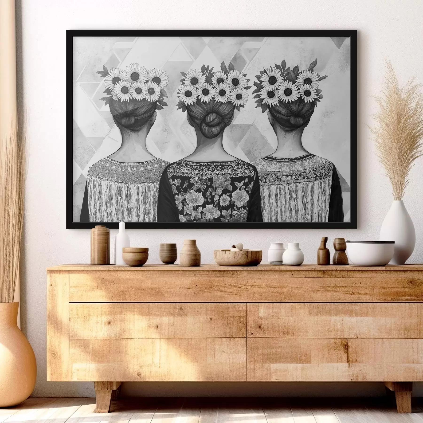 Glezna Trīs sievietes etniskos tērpos, zīmējums ar zīmuli, saulespuķes f42377