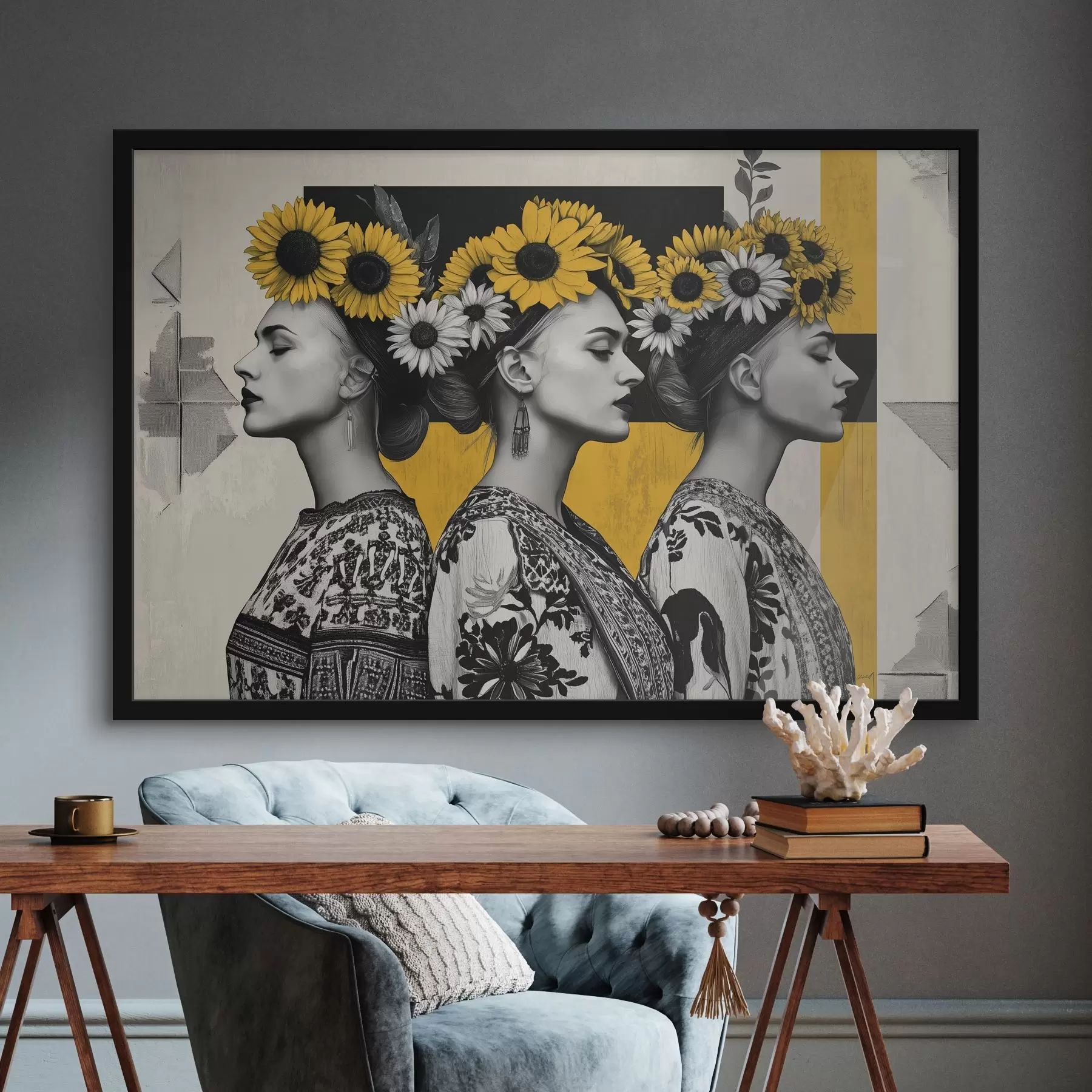 Fototapetes Skaistas sievietes etniskajos aizveras ar saulespuķu atslēgām f42378