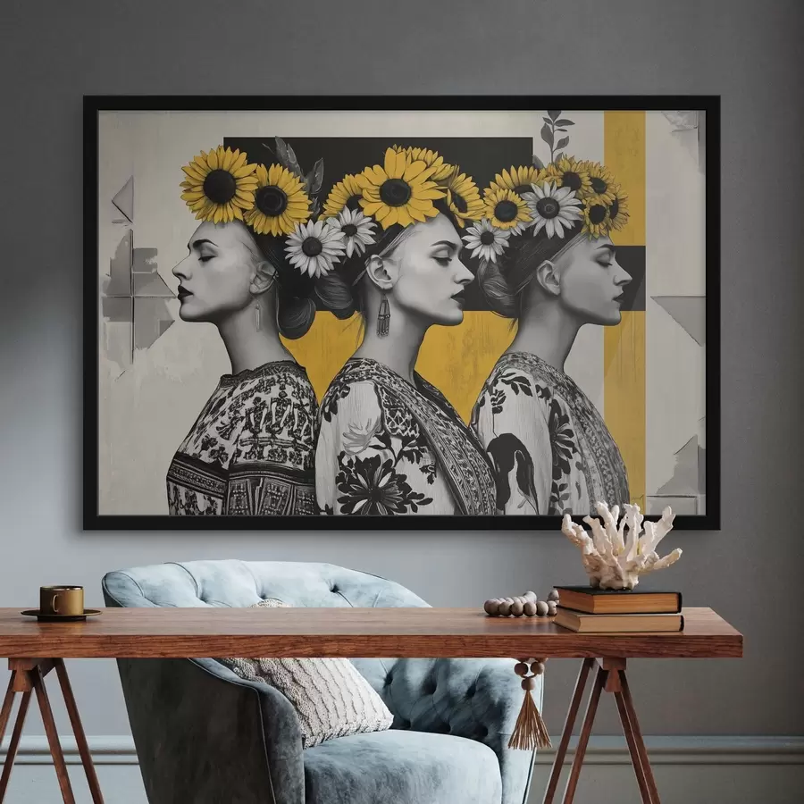 Fototapetes Skaistas sievietes etniskajos aizveras ar saulespuķu atslēgām f42378