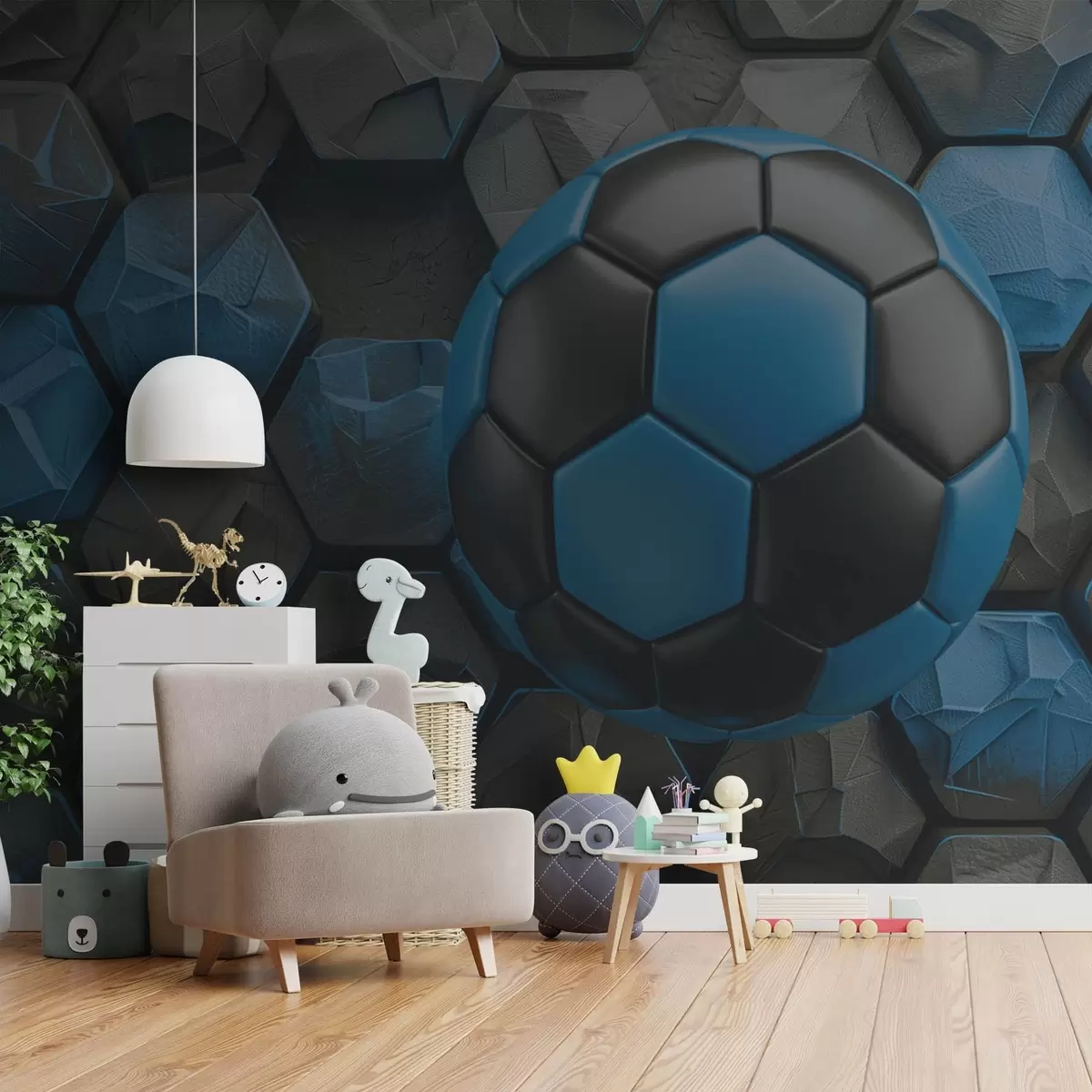 Fototapetes Liela futbola bumba un melni un zili bišu sējumi w08617