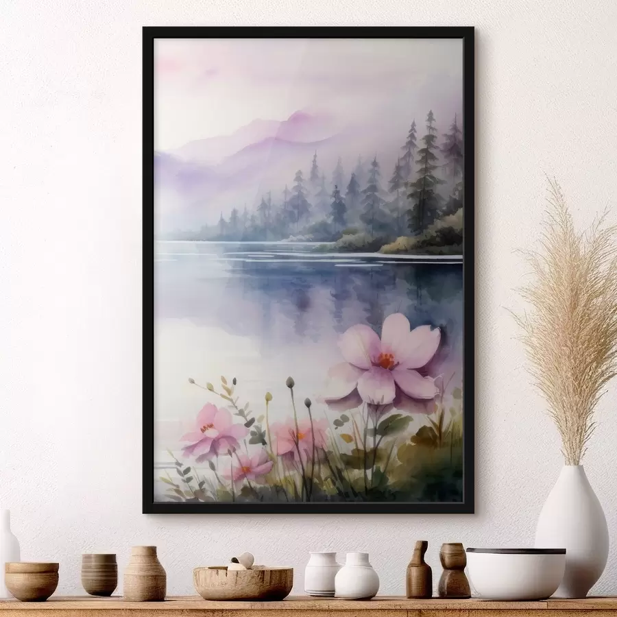Fototapetes Rozā ziedi uz ezera fona kalnos f42393