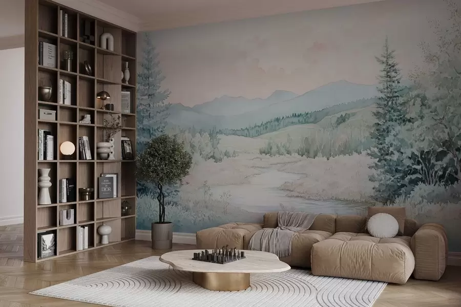 Fototapetes ainava akvareļu stilā ar eglēm w02689