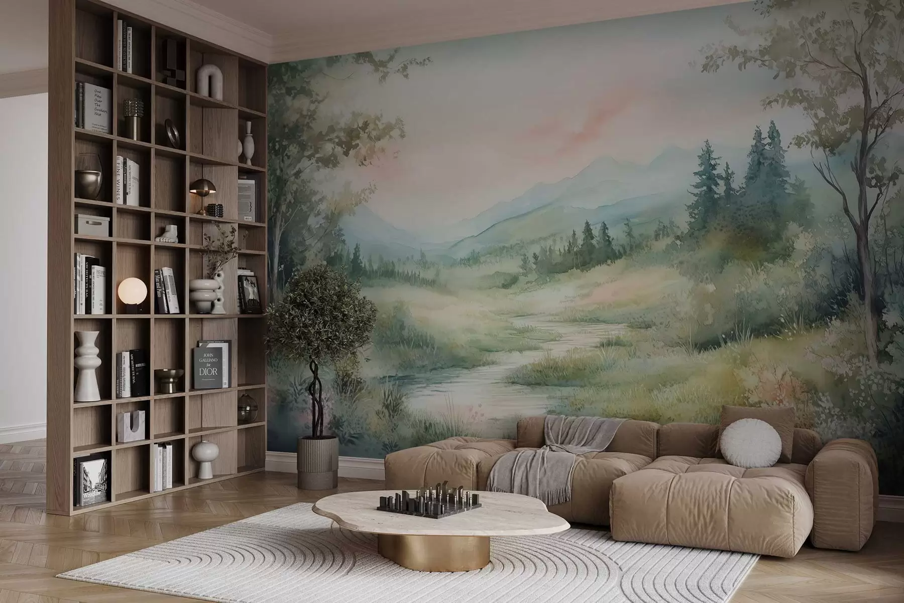 Fototapetes akvareļu ainava ar ceļu un kalniem w02764