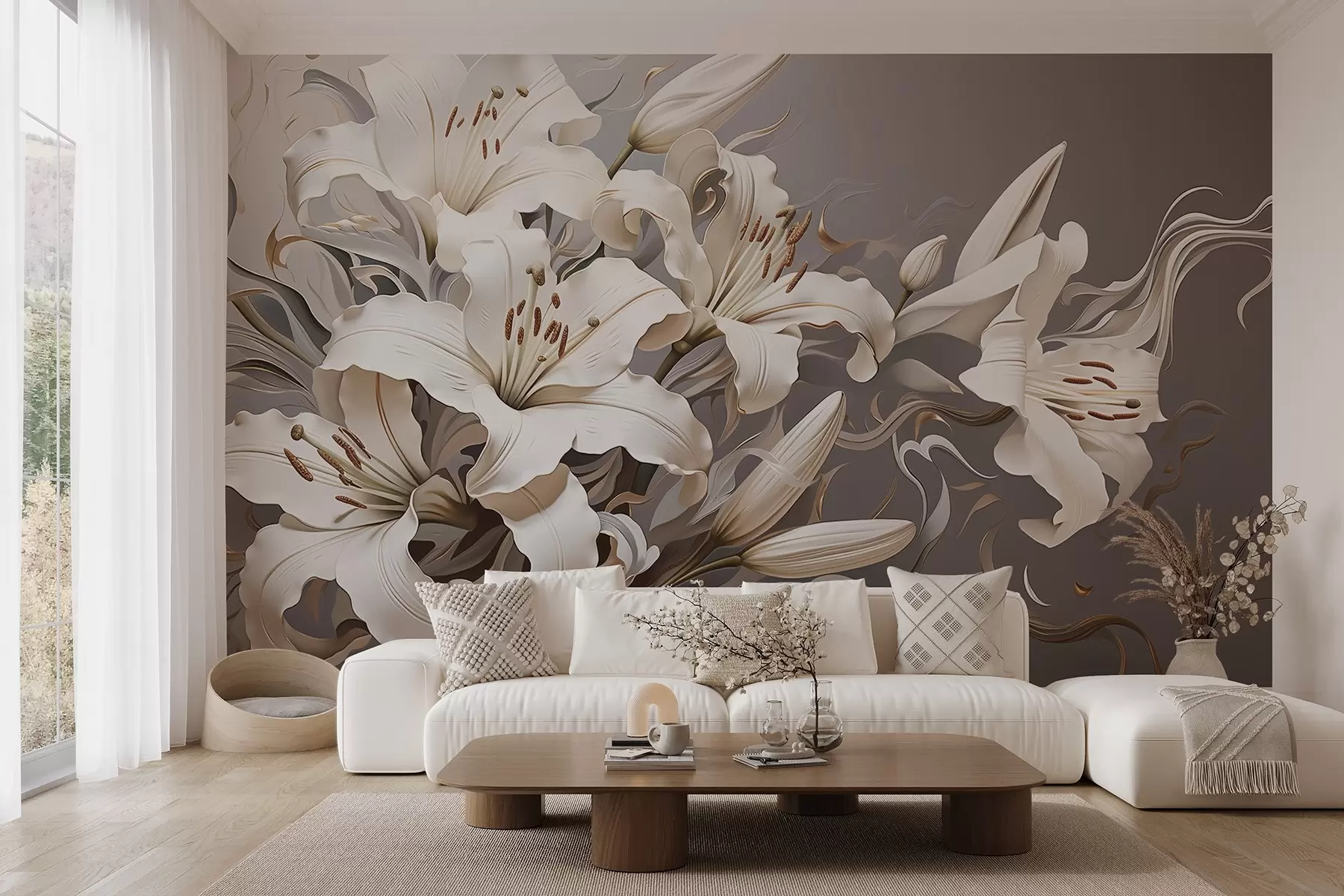 Fototapetes Izsmalcinātas baltas lilijas pasteļtoņos w08633v1