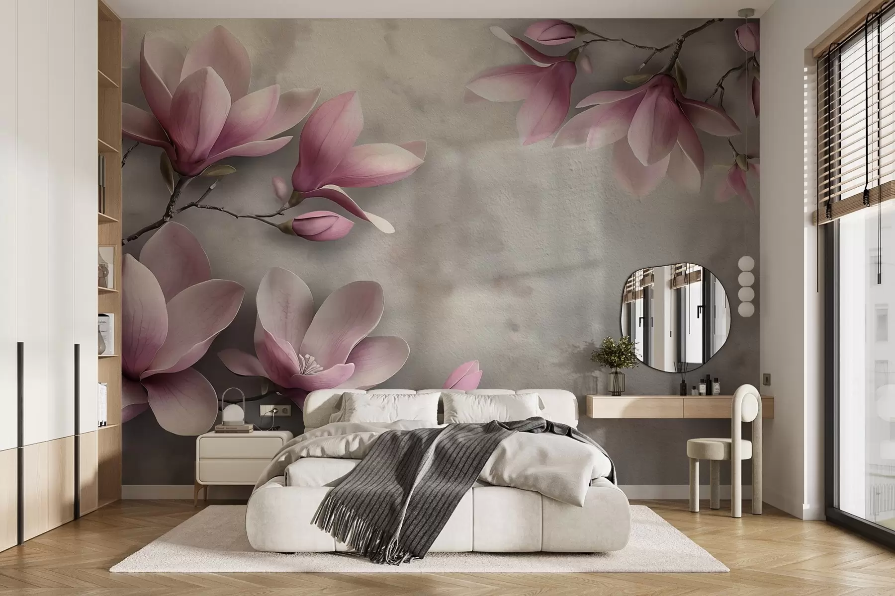 Fototapetes Delikātas rozā magnolijas uz betona sienas pelēkos toņos w08636v1