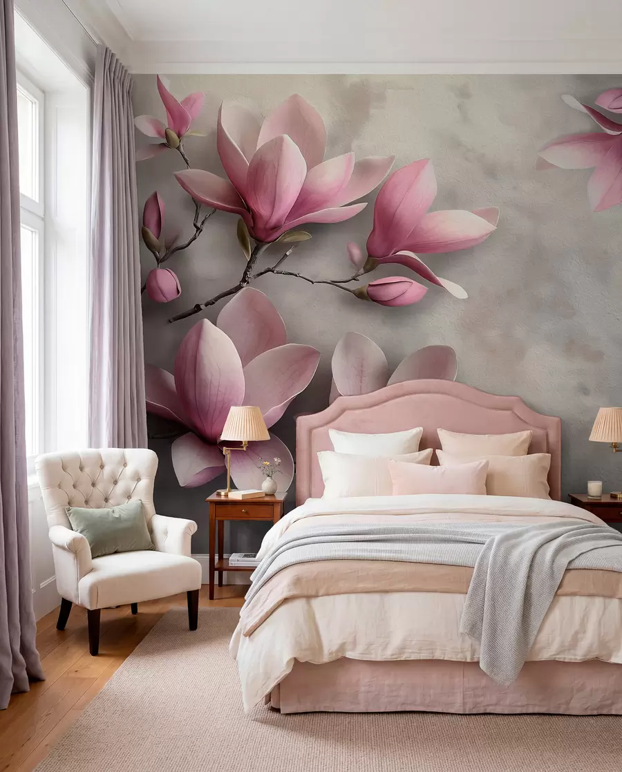 Fototapetes Delikātas rozā magnolijas uz betona sienas pelēkos toņos w08636v1