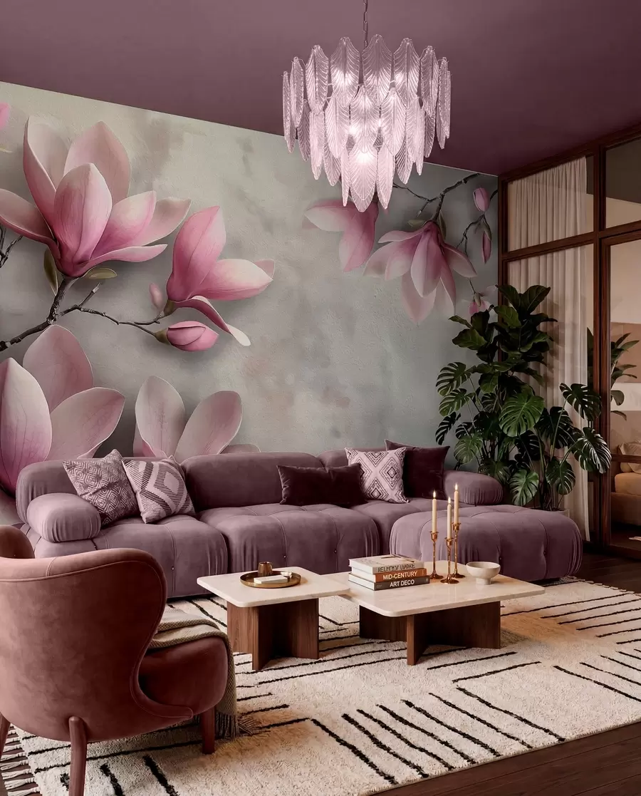 Fototapetes Delikātas rozā magnolijas uz betona sienas pelēkos toņos w08636v1