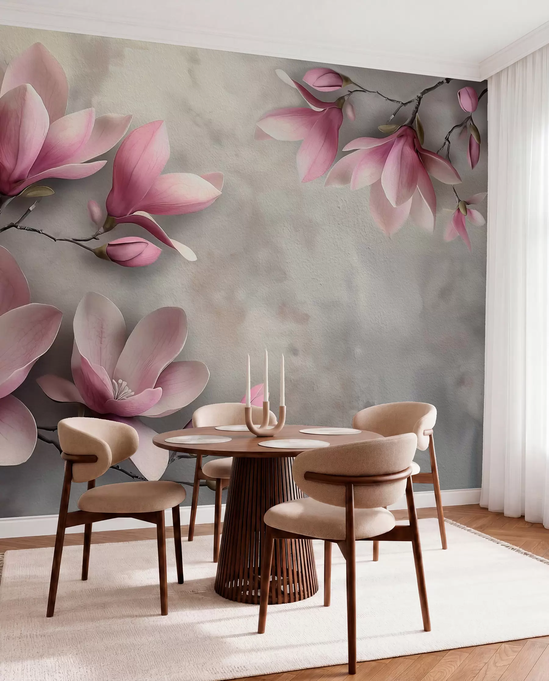 Fototapetes Delikātas rozā magnolijas uz betona sienas pelēkos toņos w08636v1