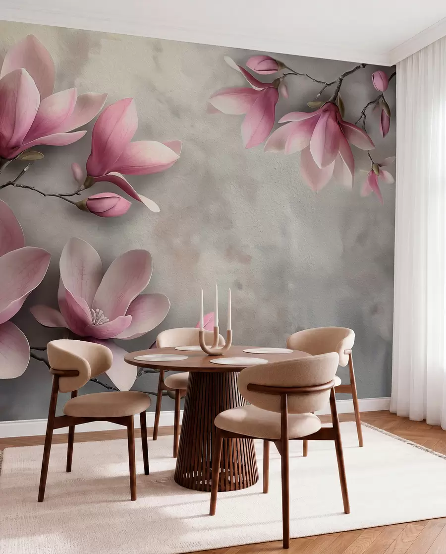 Fototapetes Delikātas rozā magnolijas uz betona sienas pelēkos toņos w08636v1