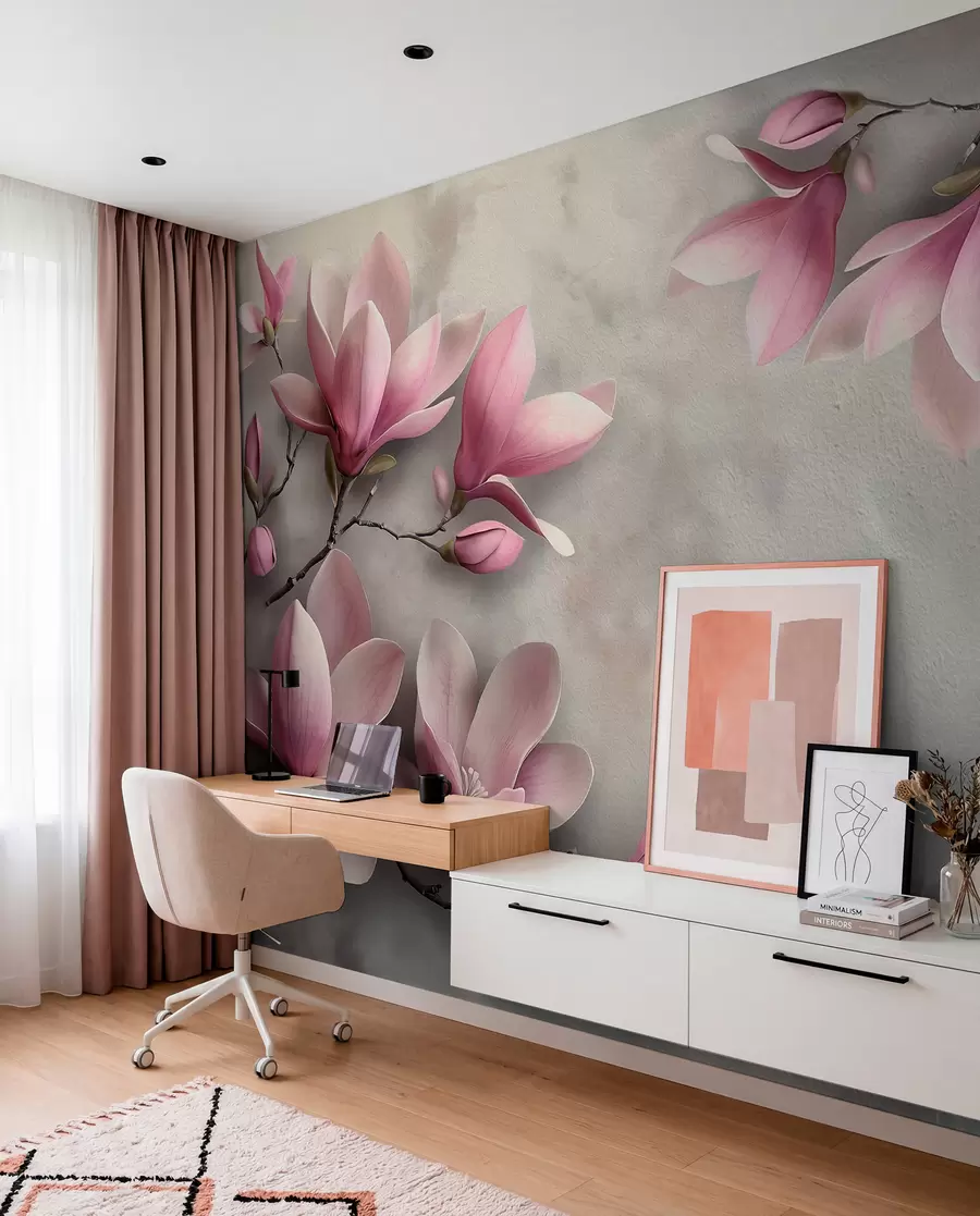 Fototapetes Delikātas rozā magnolijas uz betona sienas pelēkos toņos w08636v1