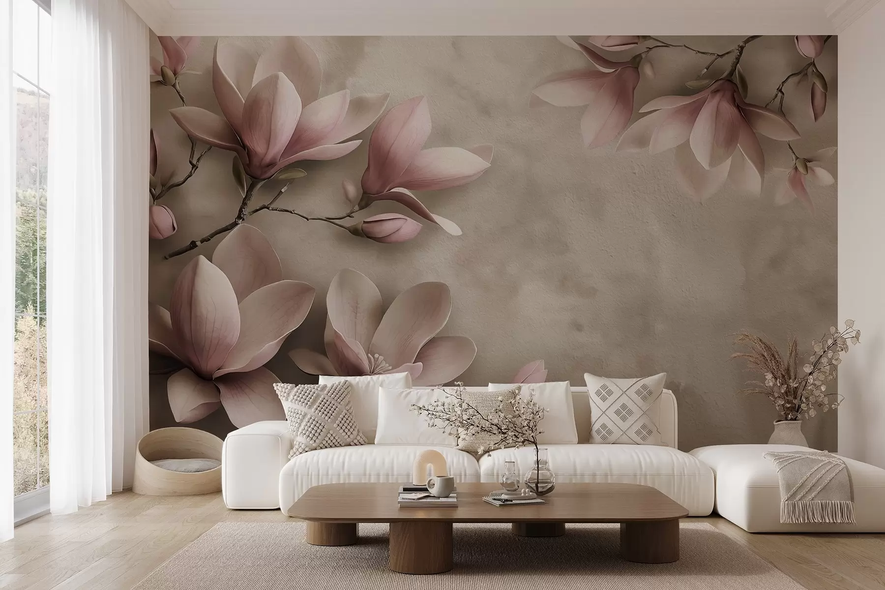 Fototapetes Delikātas rozā magnolijas uz betona sienas sēpijas toņos w08636v2